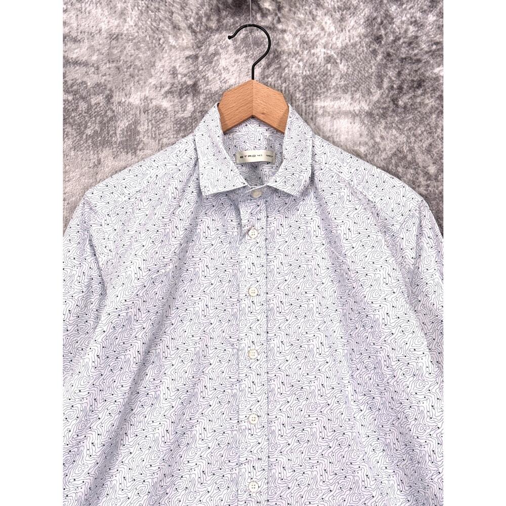 Etro Shirt 41 / Large Mens White & Blue Topography Print Cotton Woven